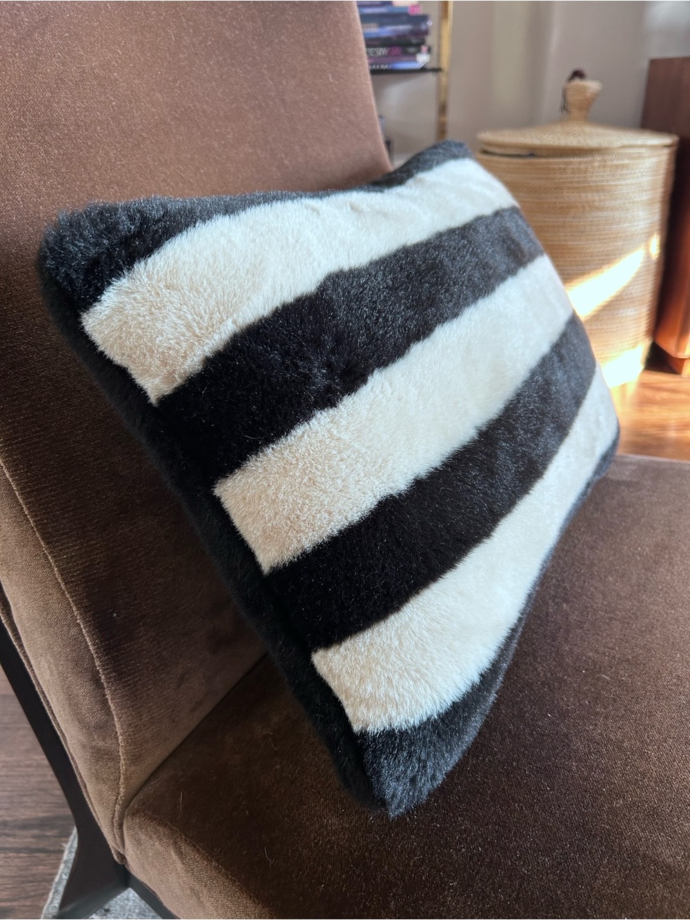 Black and Ivory Striped Faux Fur Pillow